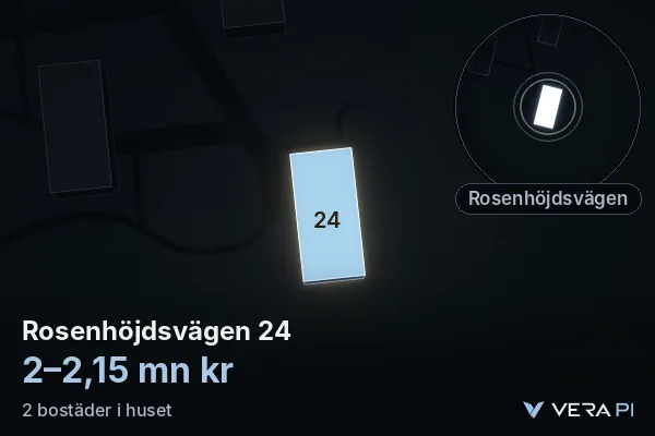 VERA PI's image of Rosenhöjdsvägen 24: the building in 3D, lit in blue, and the map around it