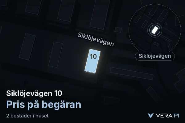 VERA PI's image of Siklöjevägen 10: the building in 3D, lit in blue, and the map around it