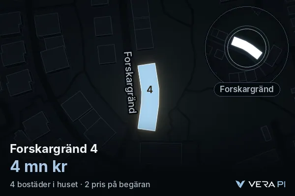 VERA PI:s bild av Forskargränd 4: huset i 3D, upplyst i blått, och kartan runt omkring