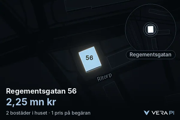 VERA PI's image of Regementsgatan 56: the building in 3D, lit in blue, and the map around it