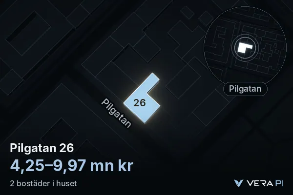 VERA PI:s bild av Pilgatan 26: huset i 3D, upplyst i blått, och kartan runt omkring