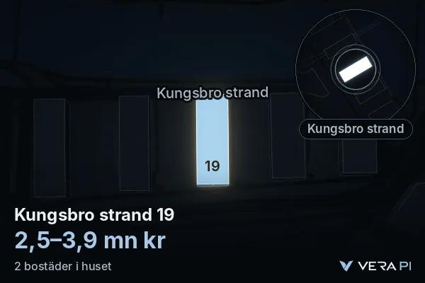 VERA PI:s bild av Kungsbro strand 19: huset i 3D, upplyst i blått, och kartan runt omkring