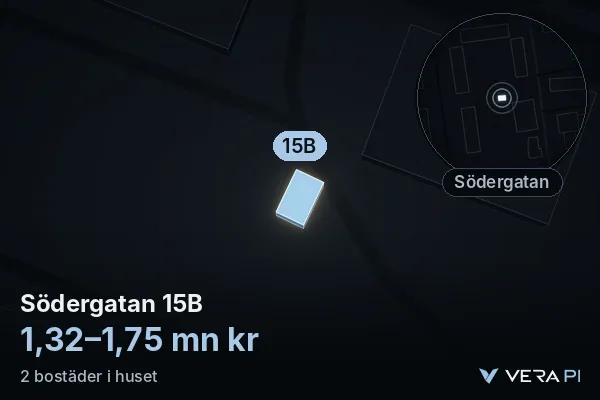 VERA PI's image of Södergatan 15B: the building in 3D, lit in blue, and the map around it