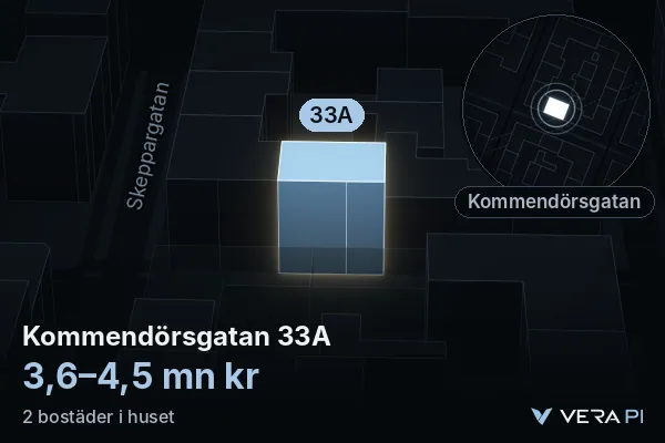 VERA PI:s bild av Kommendörsgatan 33A: huset i 3D, upplyst i blått, och kartan runt omkring