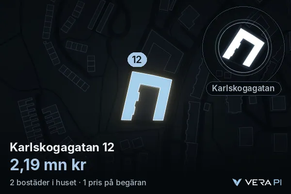 VERA PI's image of Karlskogagatan 12: the building in 3D, lit in blue, and the map around it