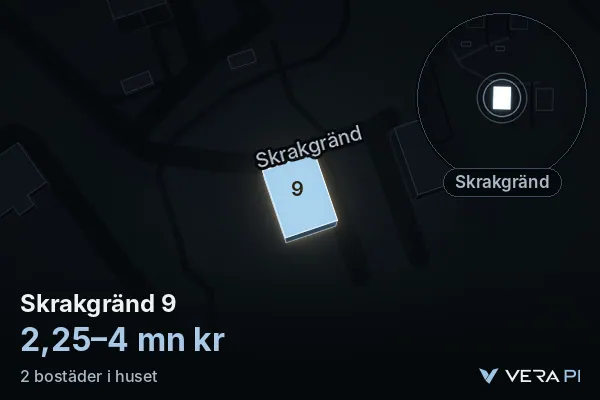 VERA PI:s bild av Skrakgränd 9: huset i 3D, upplyst i blått, och kartan runt omkring