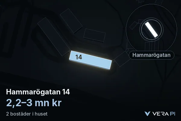 VERA PI:s bild av Hammarögatan 14: huset i 3D, upplyst i blått, och kartan runt omkring