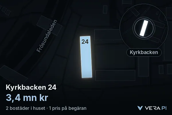 VERA PI:s bild av Kyrkbacken 24: huset i 3D, upplyst i blått, och kartan runt omkring