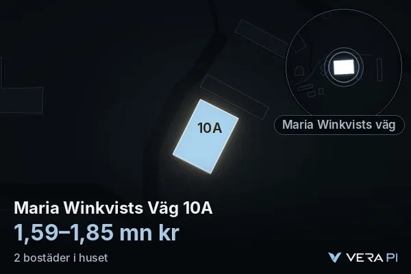 VERA PI:s bild av Maria Winkvists Väg 10A: huset i 3D, upplyst i blått, och kartan runt omkring
