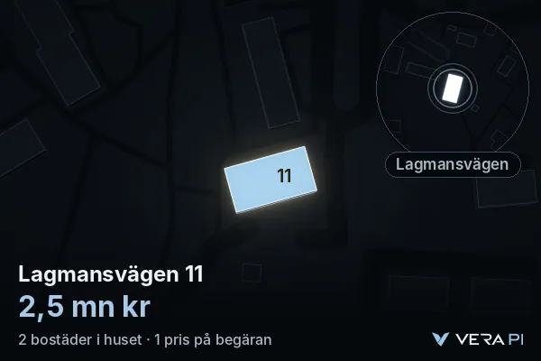VERA PI:s bild av Lagmansvägen 11: huset i 3D, upplyst i blått, och kartan runt omkring
