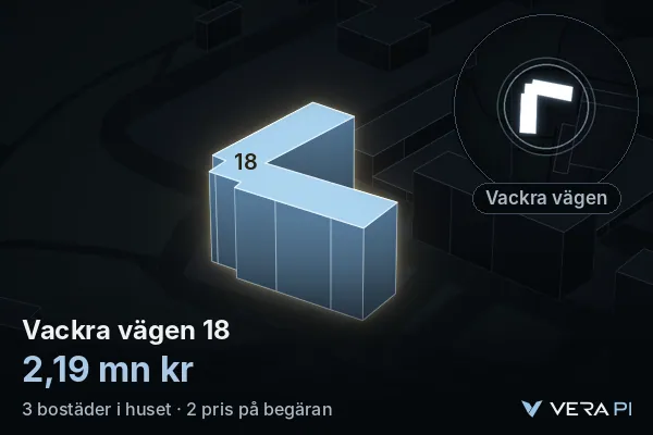 VERA PI:s bild av Vackra vägen 18: huset i 3D, upplyst i blått, och kartan runt omkring