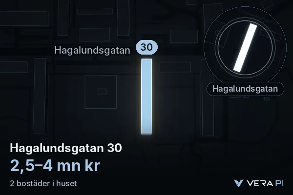 VERA PI's image of Hagalundsgatan 30: the building in 3D, lit in blue, and the map around it