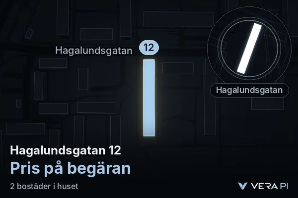 VERA PI's image of Hagalundsgatan 12: the building in 3D, lit in blue, and the map around it