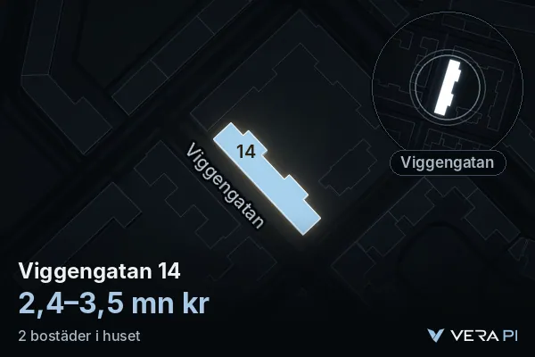 VERA PI's image of Viggengatan 14: the building in 3D, lit in blue, and the map around it