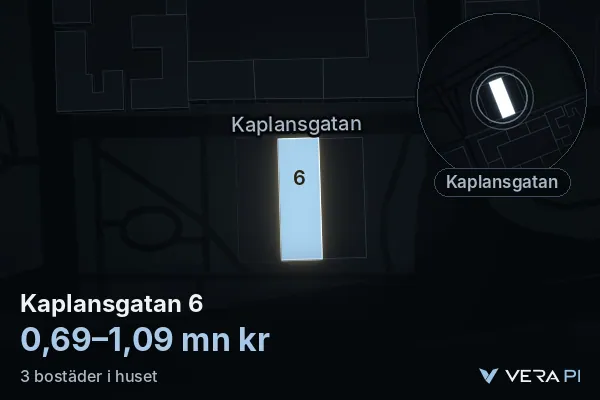VERA PI's image of Kaplansgatan 6: the building in 3D, lit in blue, and the map around it