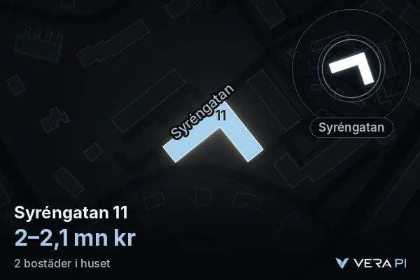 VERA PI's image of Syréngatan 11: the building in 3D, lit in blue, and the map around it