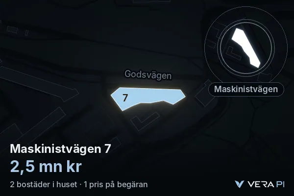 VERA PI's image of Maskinistvägen 7: the building in 3D, lit in blue, and the map around it