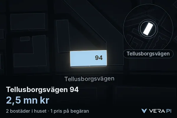 VERA PI's image of Tellusborgsvägen 94: the building in 3D, lit in blue, and the map around it