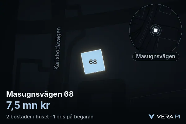 VERA PI:s bild av Masugnsvägen 68: huset i 3D, upplyst i blått, och kartan runt omkring