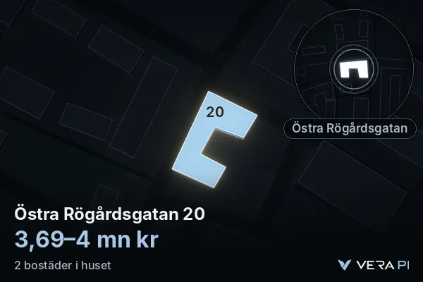 VERA PI:s bild av Östra Rögårdsgatan 20: huset i 3D, upplyst i blått, och kartan runt omkring