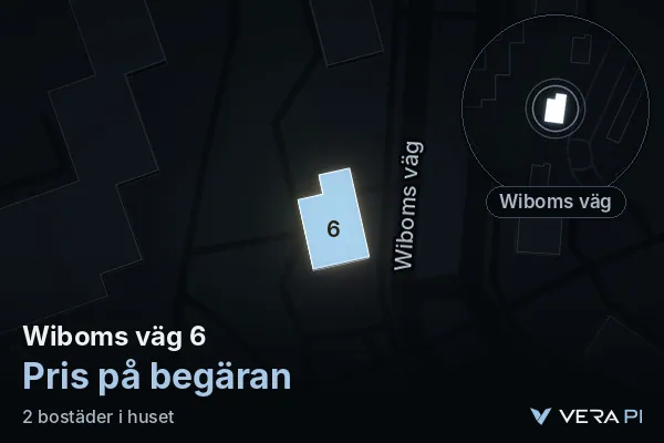 VERA PI's image of Wiboms väg 6: the building in 3D, lit in blue, and the map around it