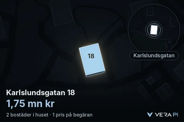 VERA PI's image of Karlslundsgatan 18: the building in 3D, lit in blue, and the map around it