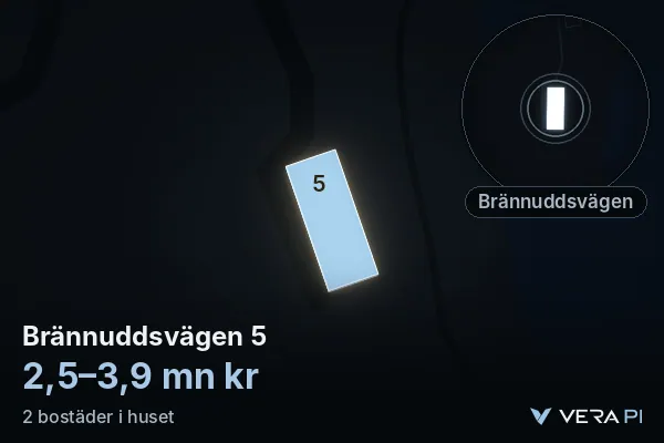 VERA PI's image of Brännuddsvägen 5: the building in 3D, lit in blue, and the map around it
