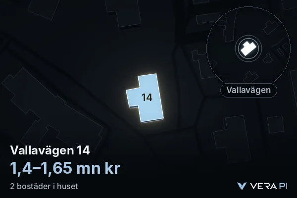 VERA PI:s bild av Vallavägen 14: huset i 3D, upplyst i blått, och kartan runt omkring