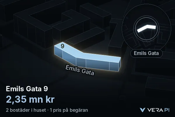 VERA PI:s bild av Emils Gata 9: huset i 3D, upplyst i blått, och kartan runt omkring