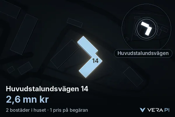 VERA PI's image of Huvudstalundsvägen 14: the building in 3D, lit in blue, and the map around it
