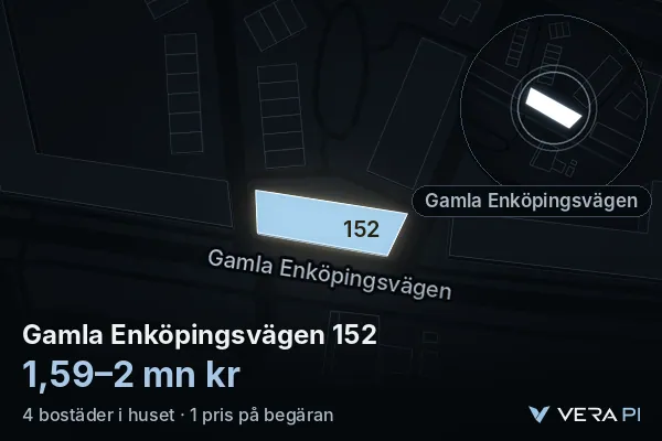 VERA PI:s bild av Gamla Enköpingsvägen 152: huset i 3D, upplyst i blått, och kartan runt omkring