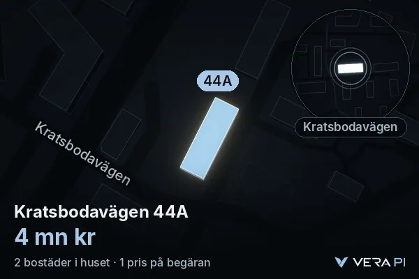 VERA PI:s bild av Kratsbodavägen 44A: huset i 3D, upplyst i blått, och kartan runt omkring
