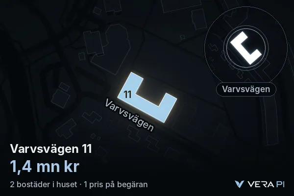 VERA PI:s bild av Varvsvägen 11: huset i 3D, upplyst i blått, och kartan runt omkring