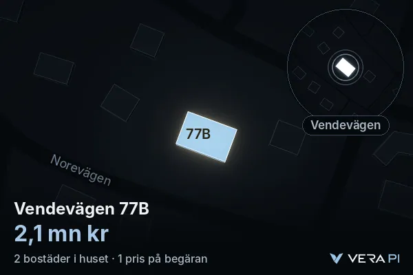 VERA PI's image of Vendevägen 77B: the building in 3D, lit in blue, and the map around it
