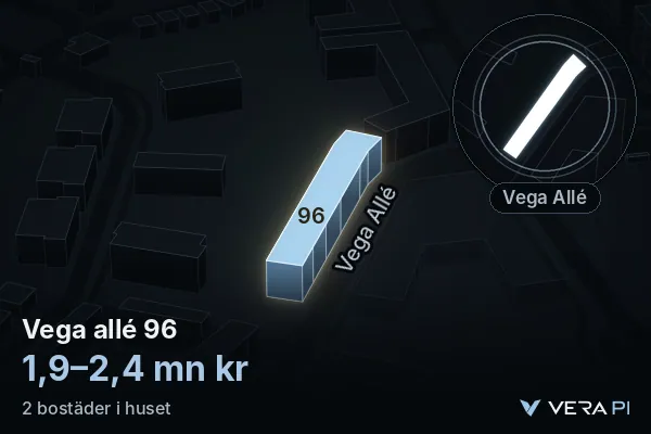 VERA PI:s bild av Vega allé 96: huset i 3D, upplyst i blått, och kartan runt omkring