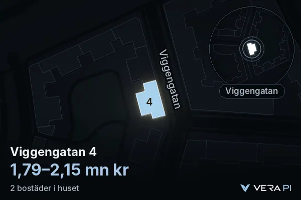 VERA PI's image of Viggengatan 4: the building in 3D, lit in blue, and the map around it