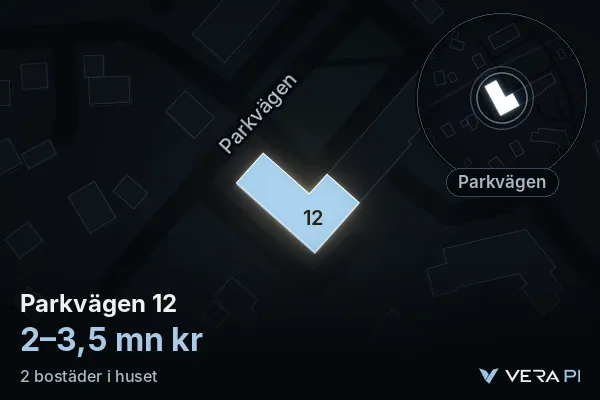 VERA PI's image of Parkvägen 12: the building in 3D, lit in blue, and the map around it