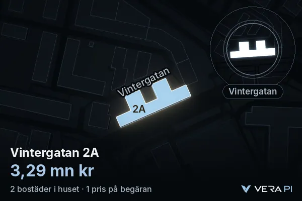 VERA PI:s bild av Vintergatan 2A: huset i 3D, upplyst i blått, och kartan runt omkring