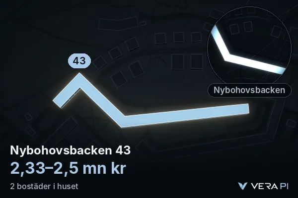 VERA PI's image of Nybohovsbacken 43: the building in 3D, lit in blue, and the map around it
