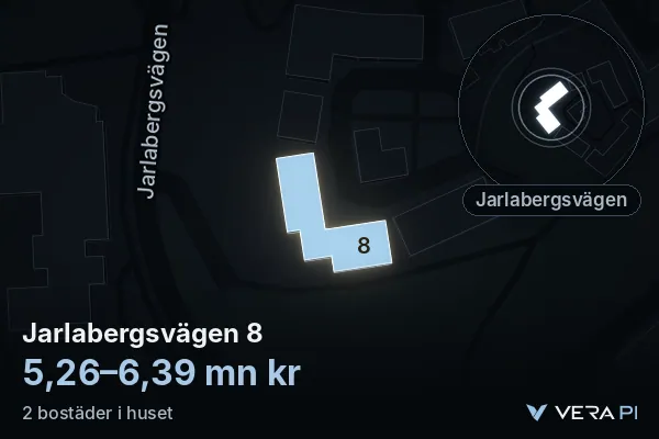 VERA PI:s bild av Jarlabergsvägen 8: huset i 3D, upplyst i blått, och kartan runt omkring