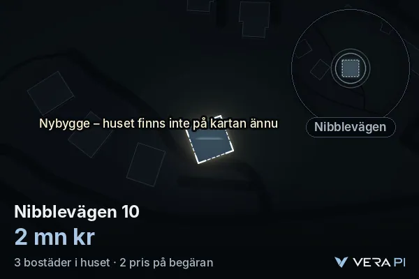 VERA PI's image of Nibblevägen 10: the building in 3D, lit in blue, and the map around it