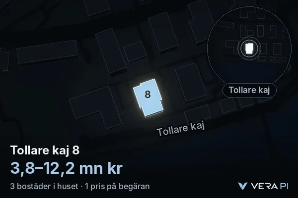 VERA PI:s bild av Tollare kaj 8: huset i 3D, upplyst i blått, och kartan runt omkring
