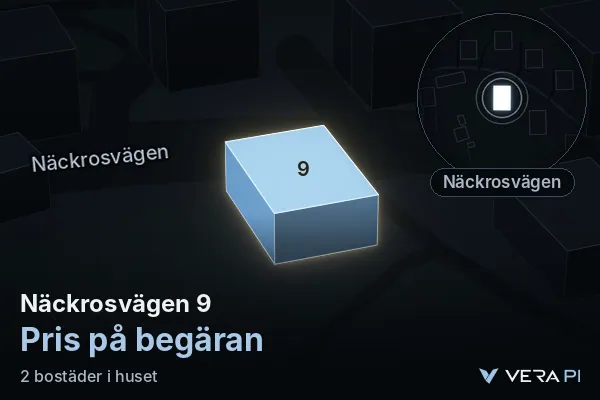 VERA PI's image of Näckrosvägen 9: the building in 3D, lit in blue, and the map around it