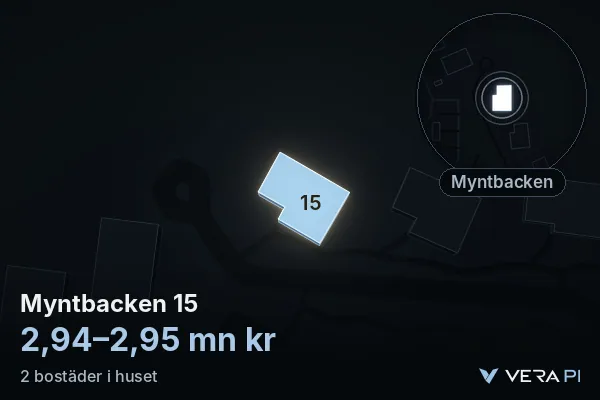 VERA PI:s bild av Myntbacken 15: huset i 3D, upplyst i blått, och kartan runt omkring