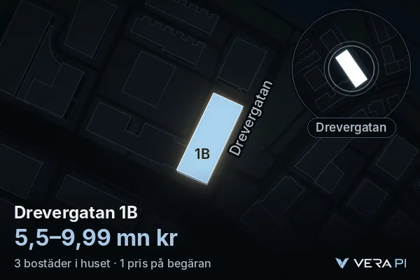 VERA PI's image of Drevergatan 1B: the building in 3D, lit in blue, and the map around it