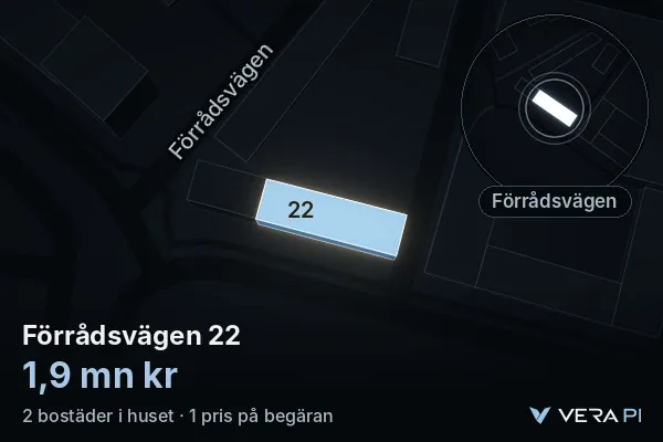 VERA PI:s bild av Förrådsvägen 22: huset i 3D, upplyst i blått, och kartan runt omkring