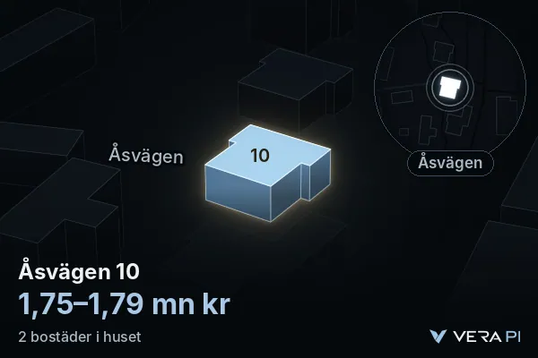 VERA PI:s bild av Åsvägen 10: huset i 3D, upplyst i blått, och kartan runt omkring