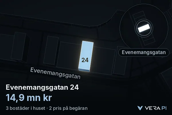 VERA PI's image of Evenemangsgatan 24: the building in 3D, lit in blue, and the map around it
