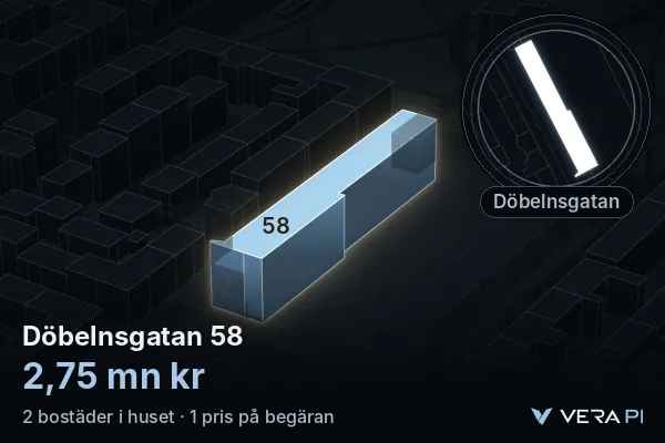 VERA PI:s bild av Döbelnsgatan 58: huset i 3D, upplyst i blått, och kartan runt omkring