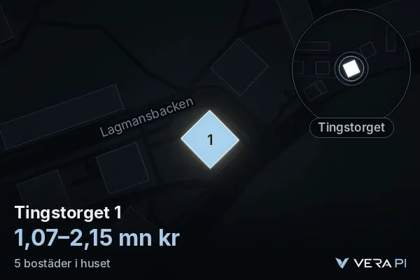 VERA PI's image of Tingstorget 1: the building in 3D, lit in blue, and the map around it